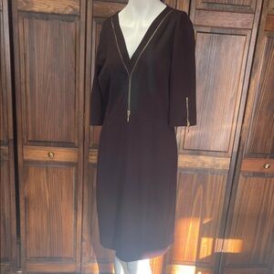 Morgan McFeeters Sz 12 Brown Dress 3/4 sleeve with gold zipper accents